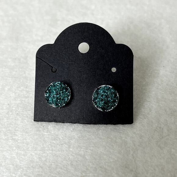Teal Round Druzy Stud Earrings - Picture 1 of 4
